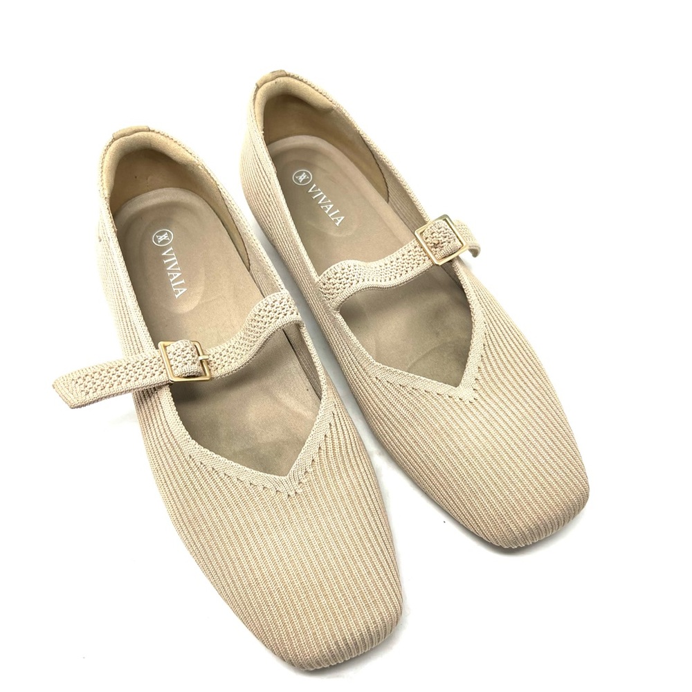 VIVAIA Margot Square Toe Knitted Flats Beige Women's Size 8 EU 39 Mary Jane